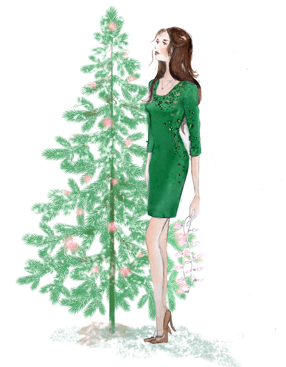 Green Dress Holiday Illustration Alex Perlin